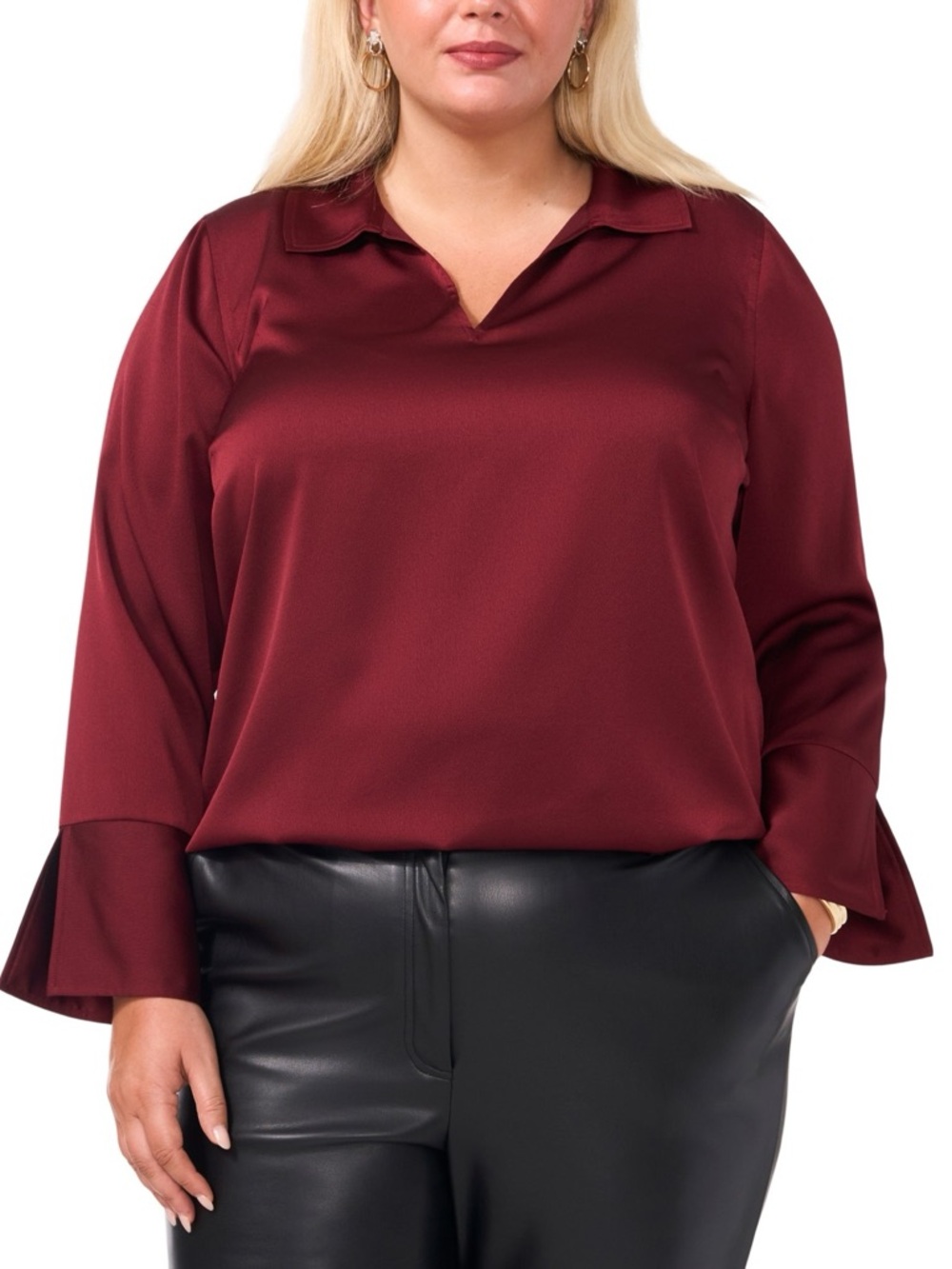 Vince Camuto Plus Size Ruby Satin Collared V Neck Blouse 1X NWT Flare Cuff - Picture 5 of 8
